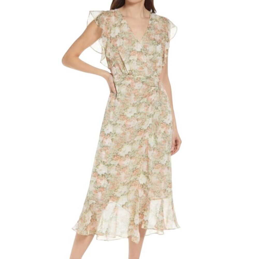 NWT Floret Studios Cream Coral Floral Surplice Neck Midi Dress Women's Medium